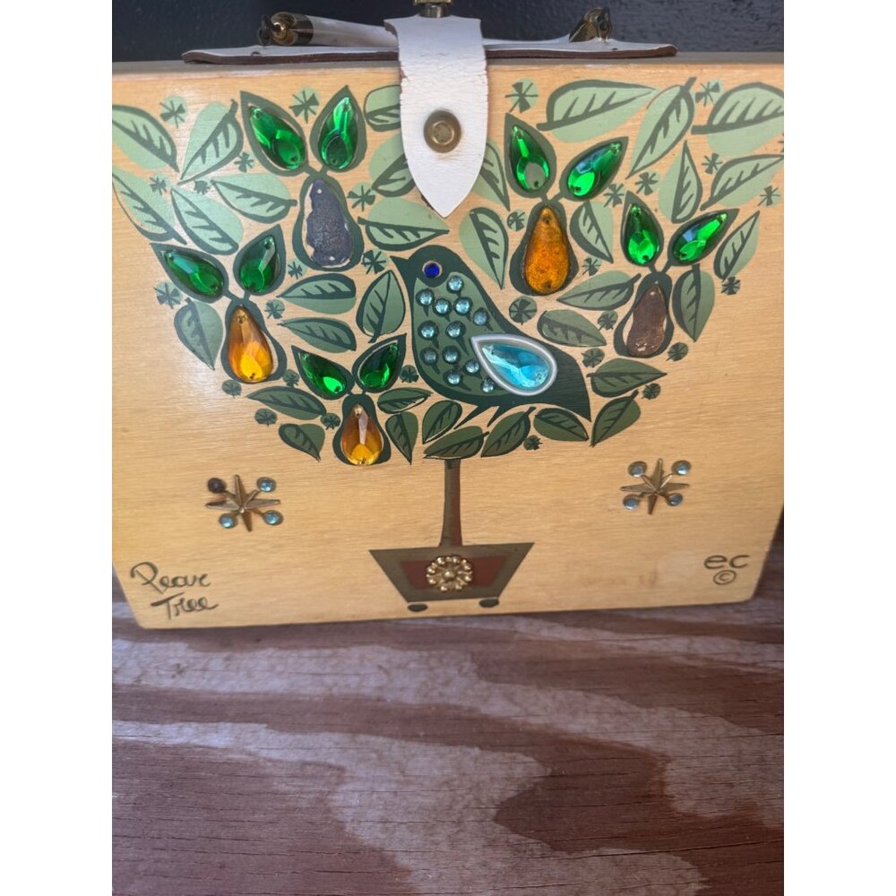 Enid Collins Pear Tree Wooden Box Purse With Jeweled Inlay Plastic Handle - Picture 2 of 10